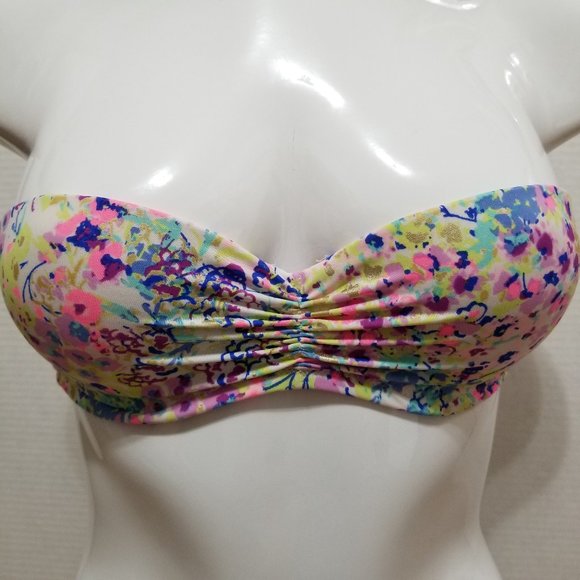 Victoria's Secret bikini top 32C strapless bandeau colorful floral ruched beach - Picture 5 of 14